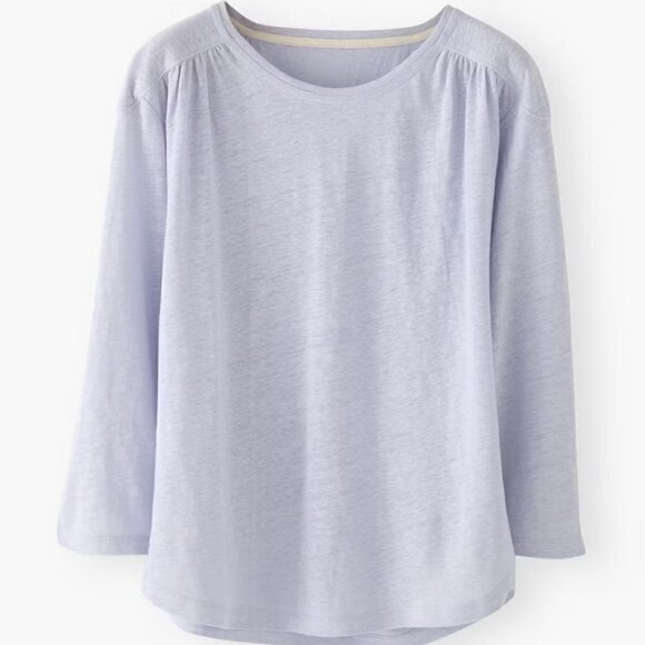 Wrap London Tops - Wrap London 100% Linen Gathered Shoulder Three-Quarter Sleeve Lilac Tee Size 14